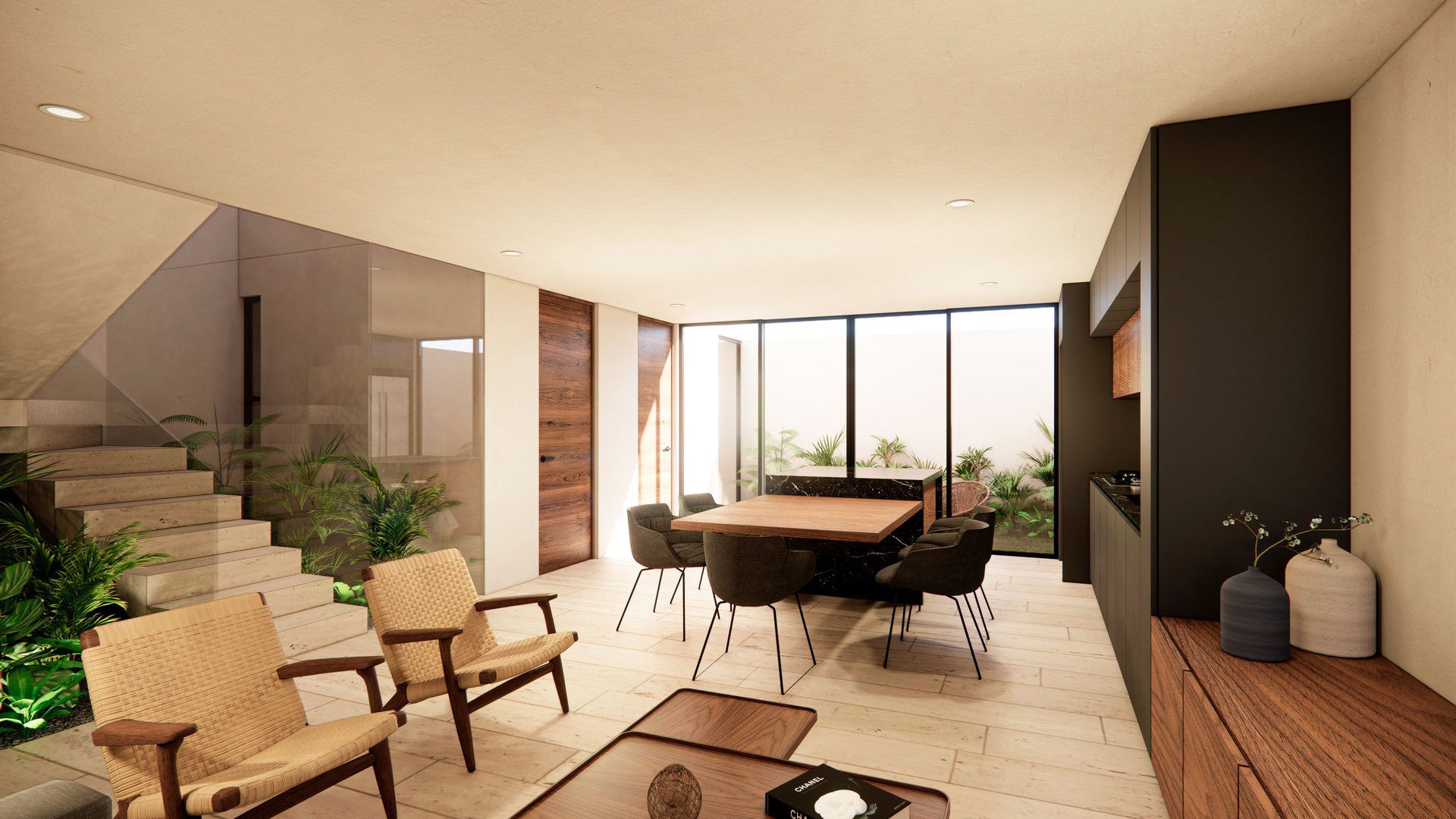 Render de la cocina con isla de una casa prototipo