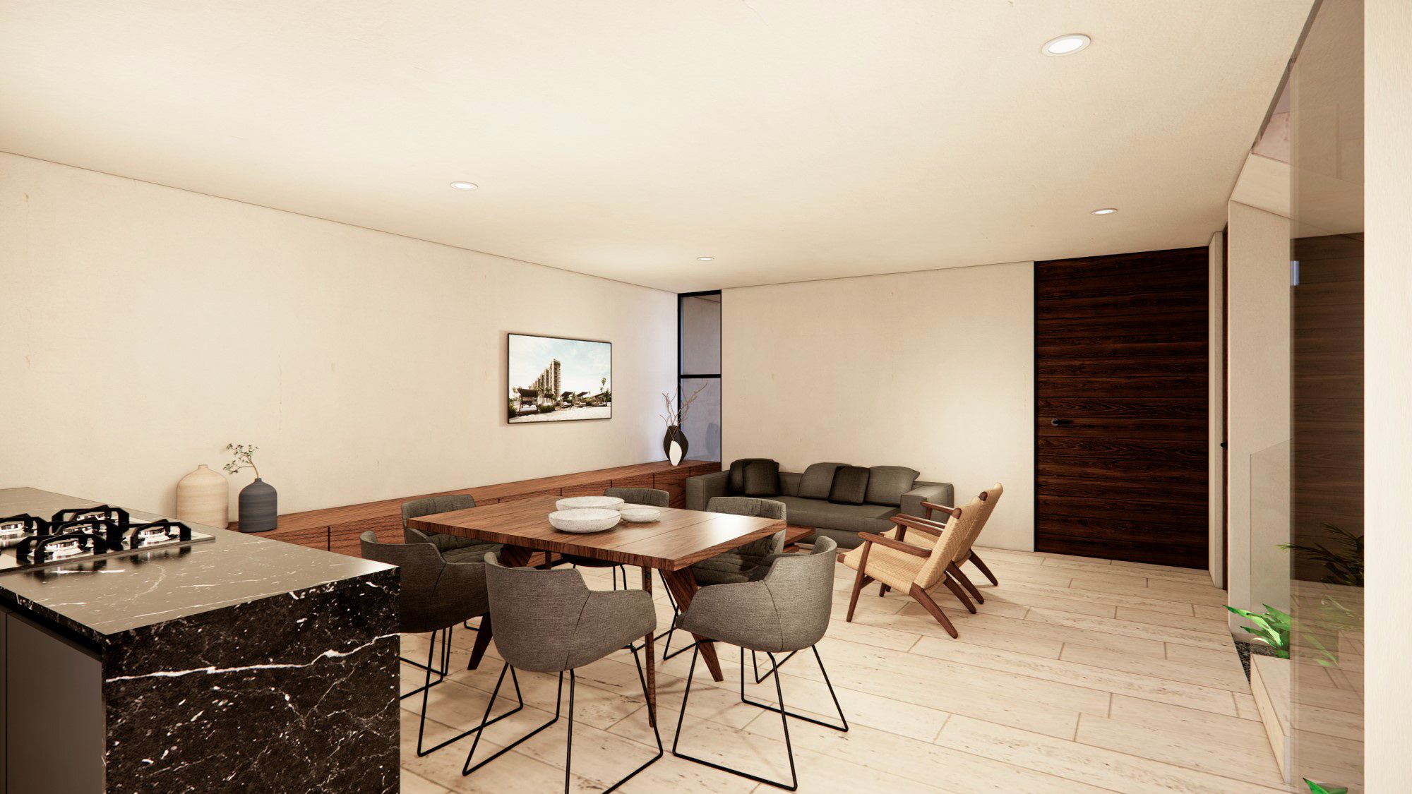Render del comedor y la sala de una casa prototipo, con cocina de cubierta oscura