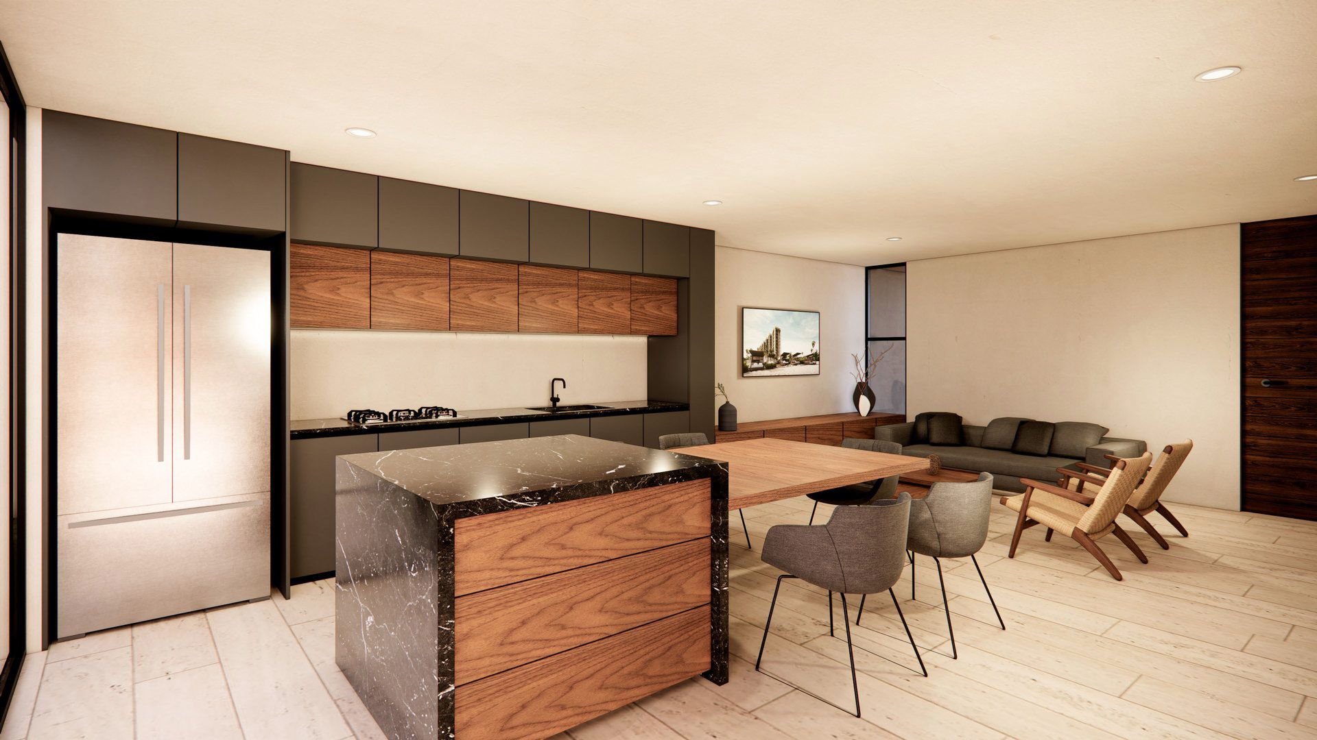 Render de la estancia y el comedor de una casa prototipo
