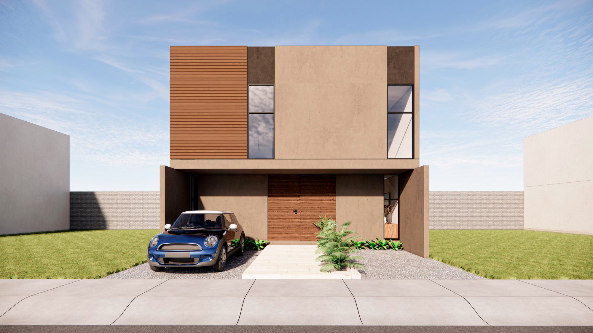 Render de la fachada de una casa prototipo de dos niveles, con madera y cochera