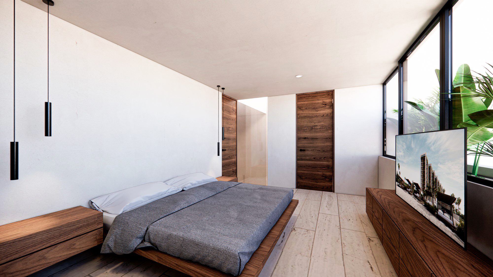 Render de la recámara principal con ventanal y madera