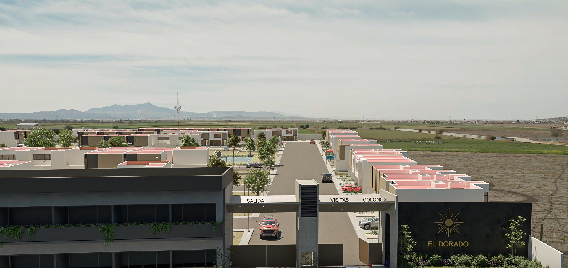 Render del frente del conjunto con el edificio comercial y el acceso