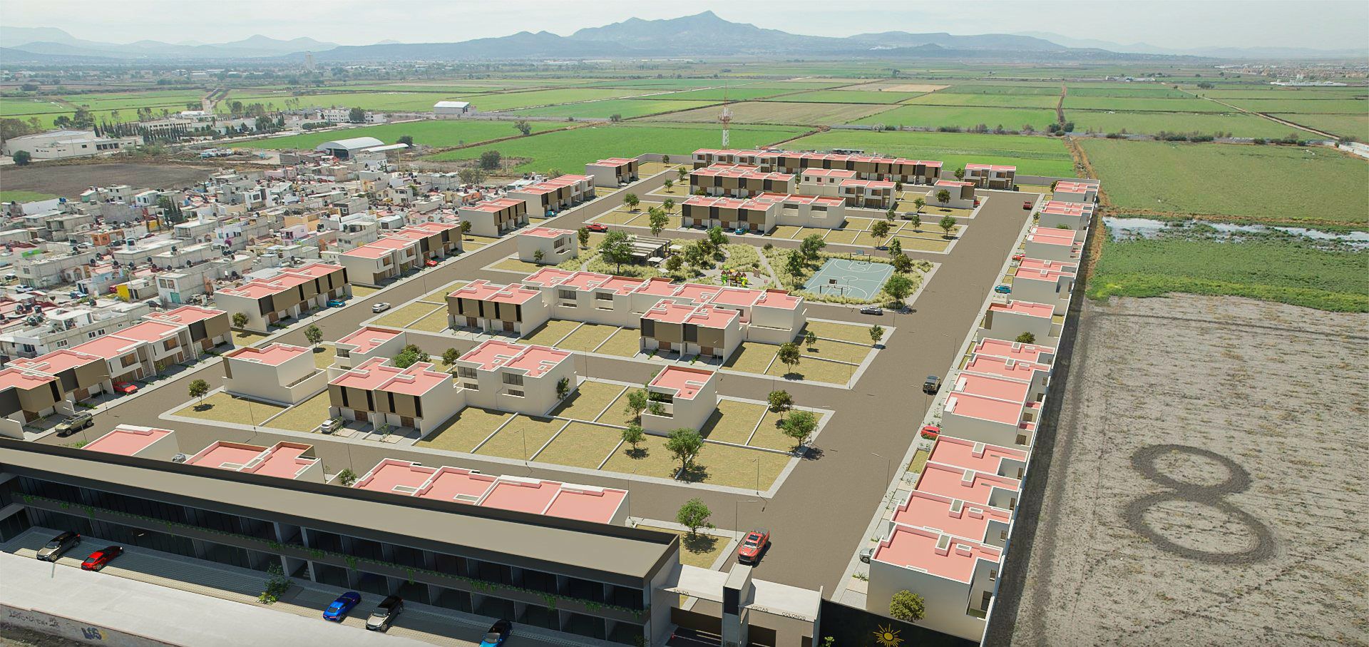 Render aéreo del conjunto completo con el edificio comercial al frente