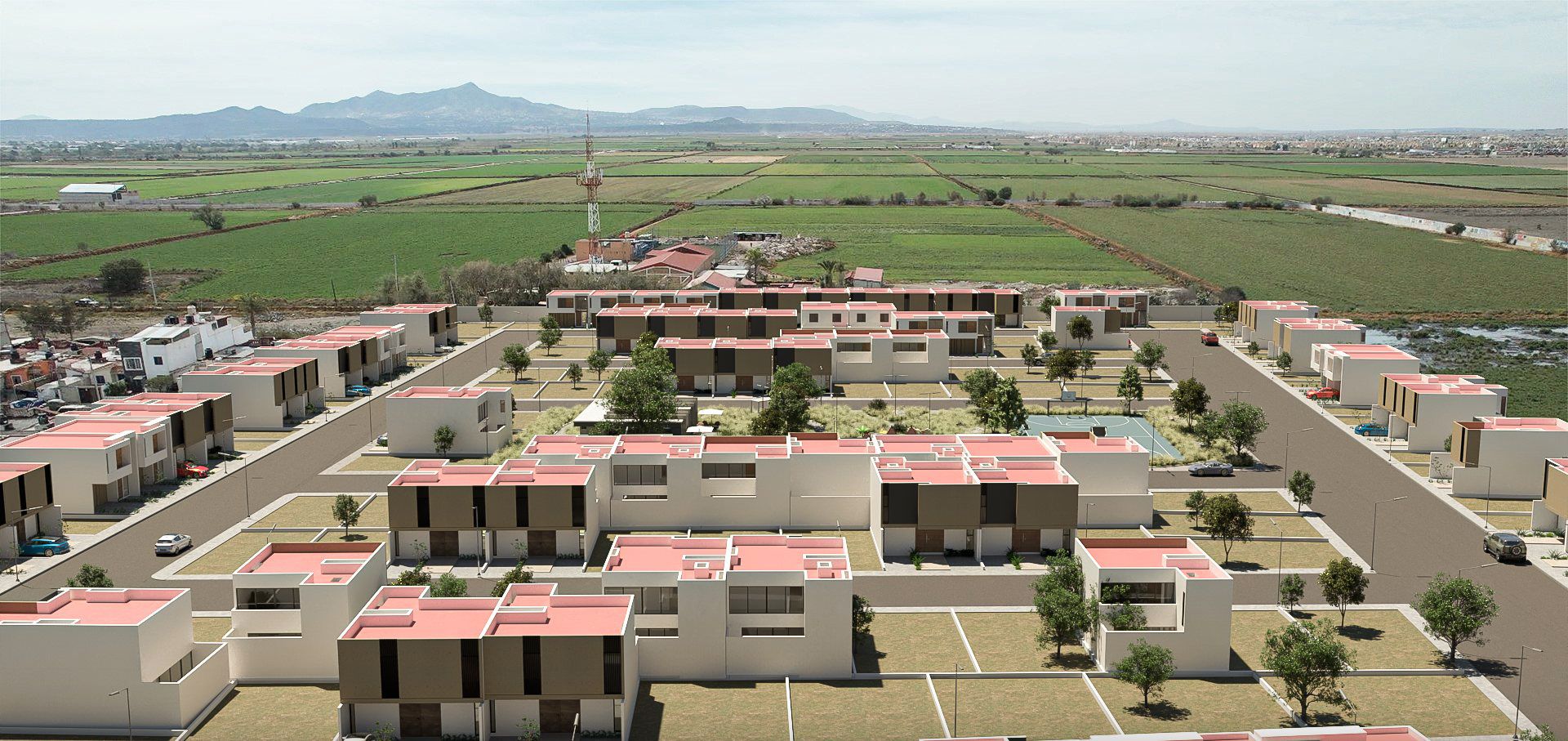 Render aéreo del conjunto con los campos y la sierra al fondo