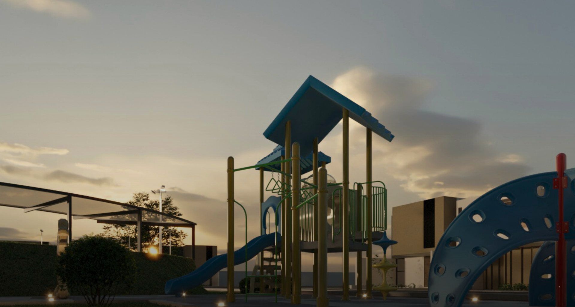 Render de los juegos infantiles al atardecer
