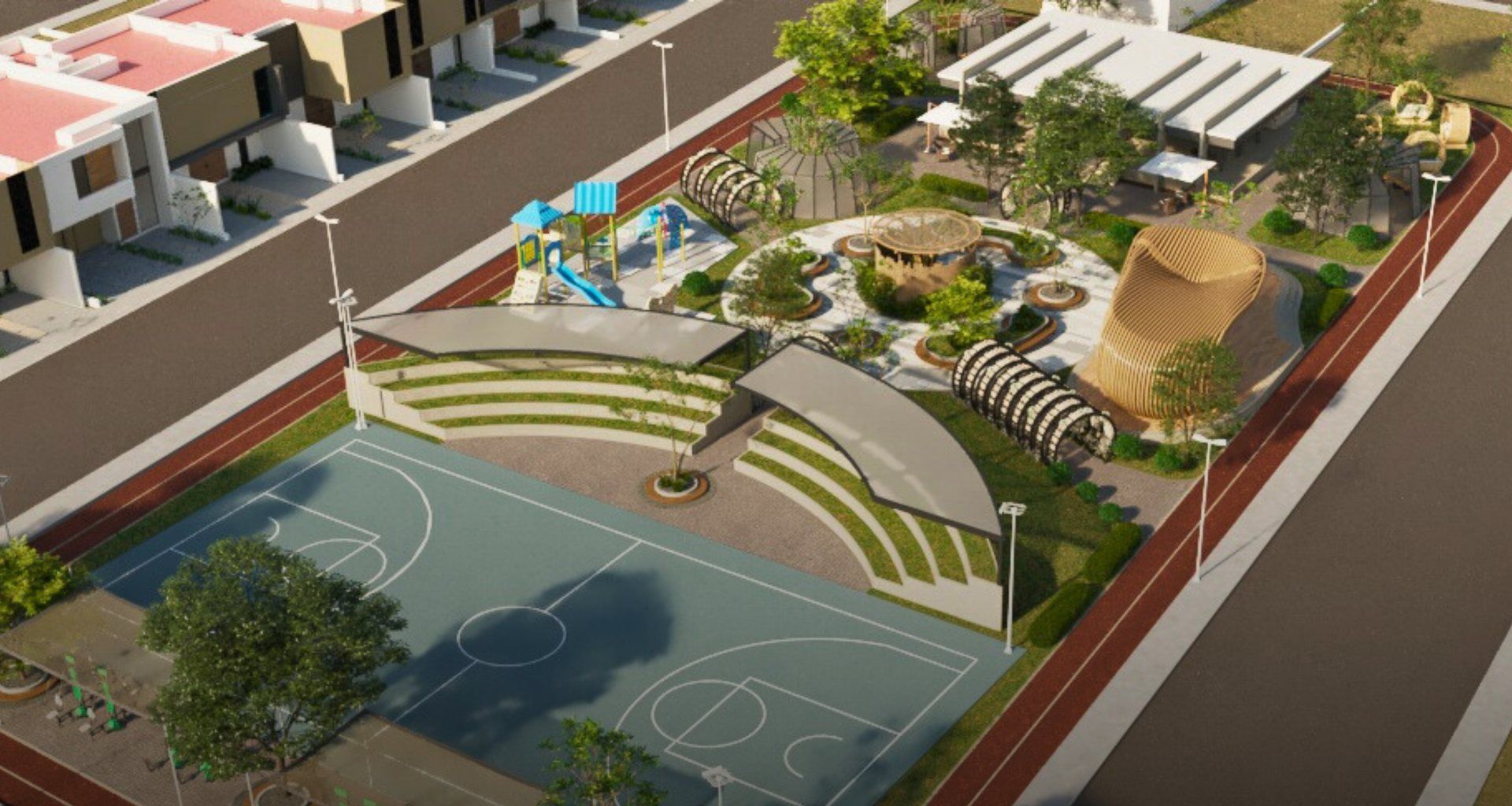 Render aéreo del parque con la cancha, los juegos y las pérgolas
