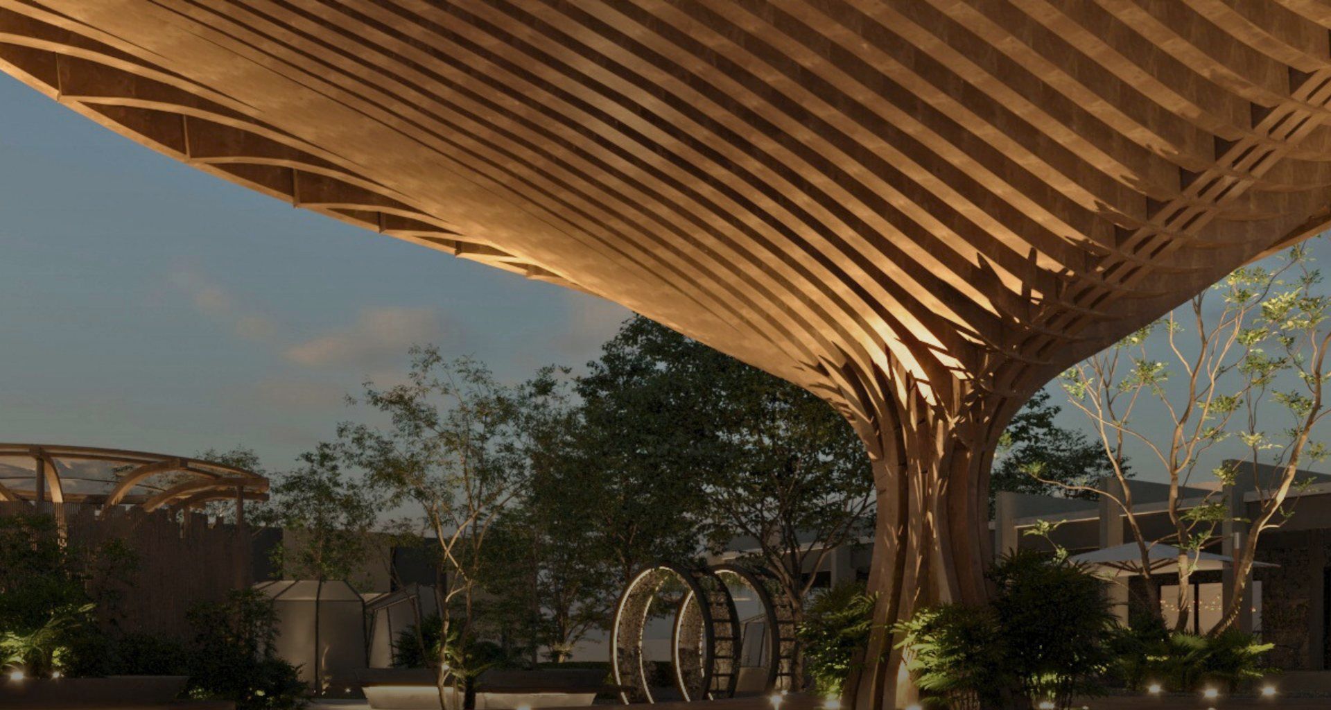 Render de una pérgola de madera en forma de árbol