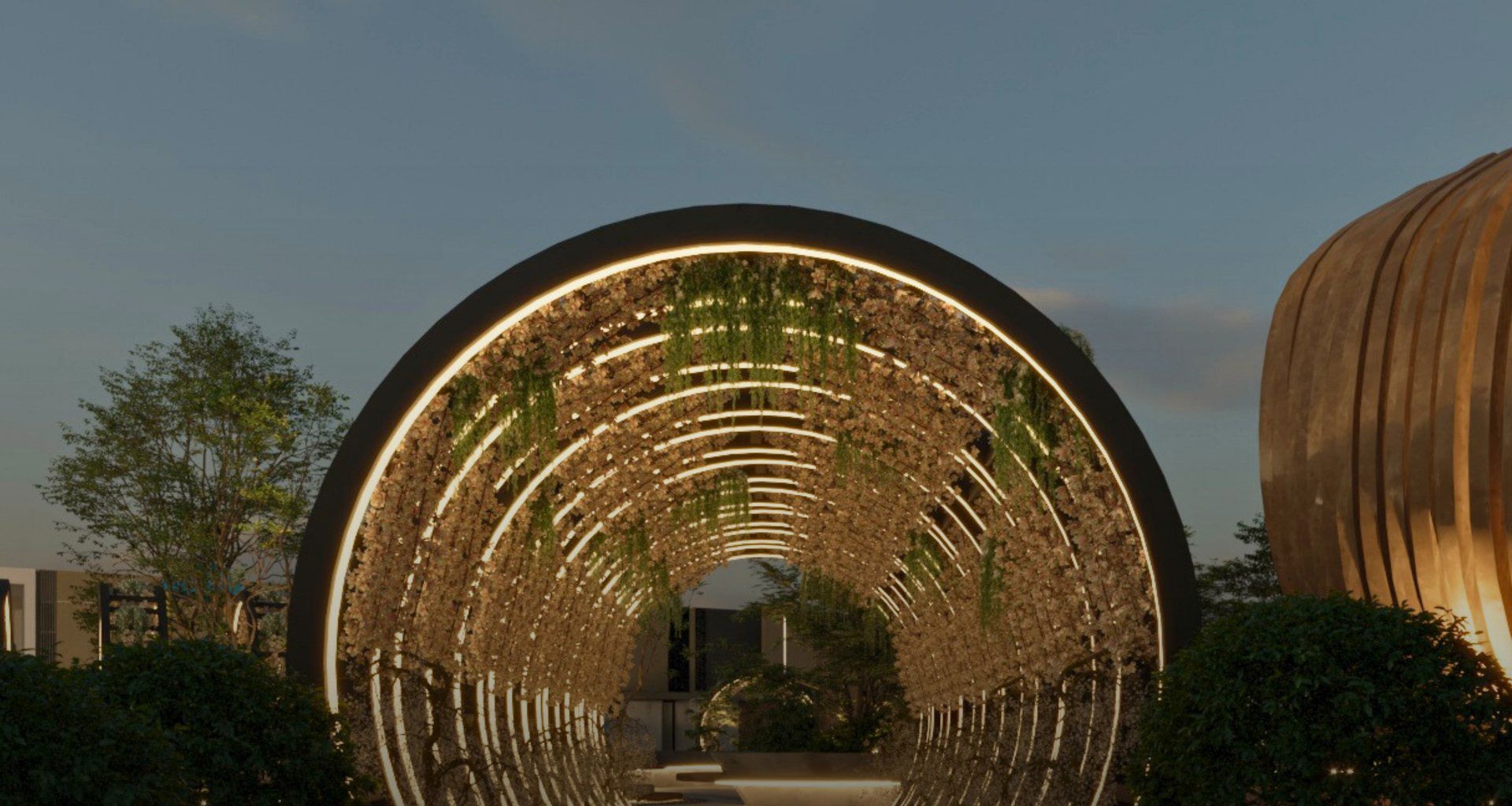 Render de un túnel de arcos de madera iluminado