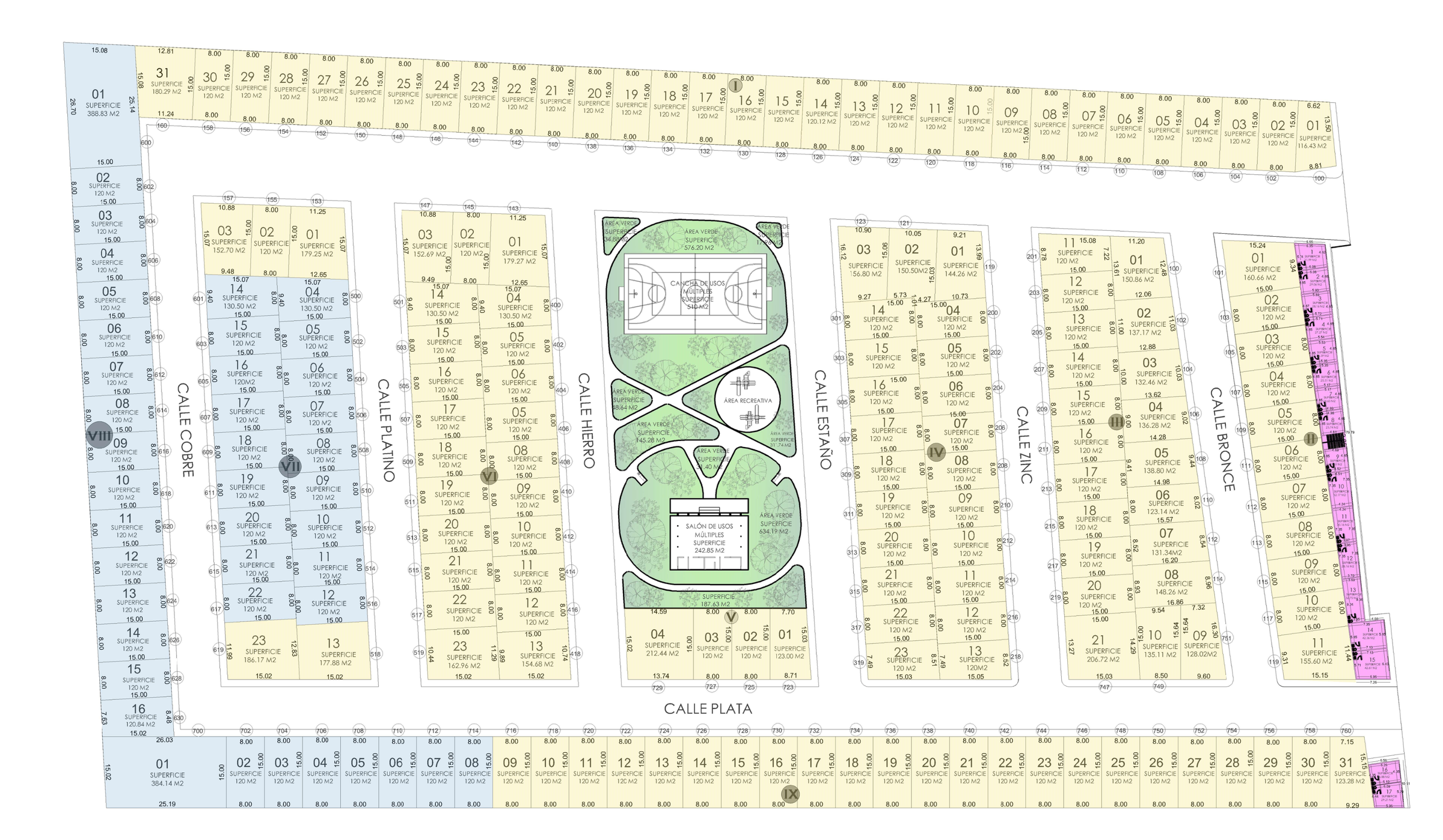 Master plan de El Dorado por etapas: manzanas de lotes, parque central con cancha y salón, y locales comerciales al frente