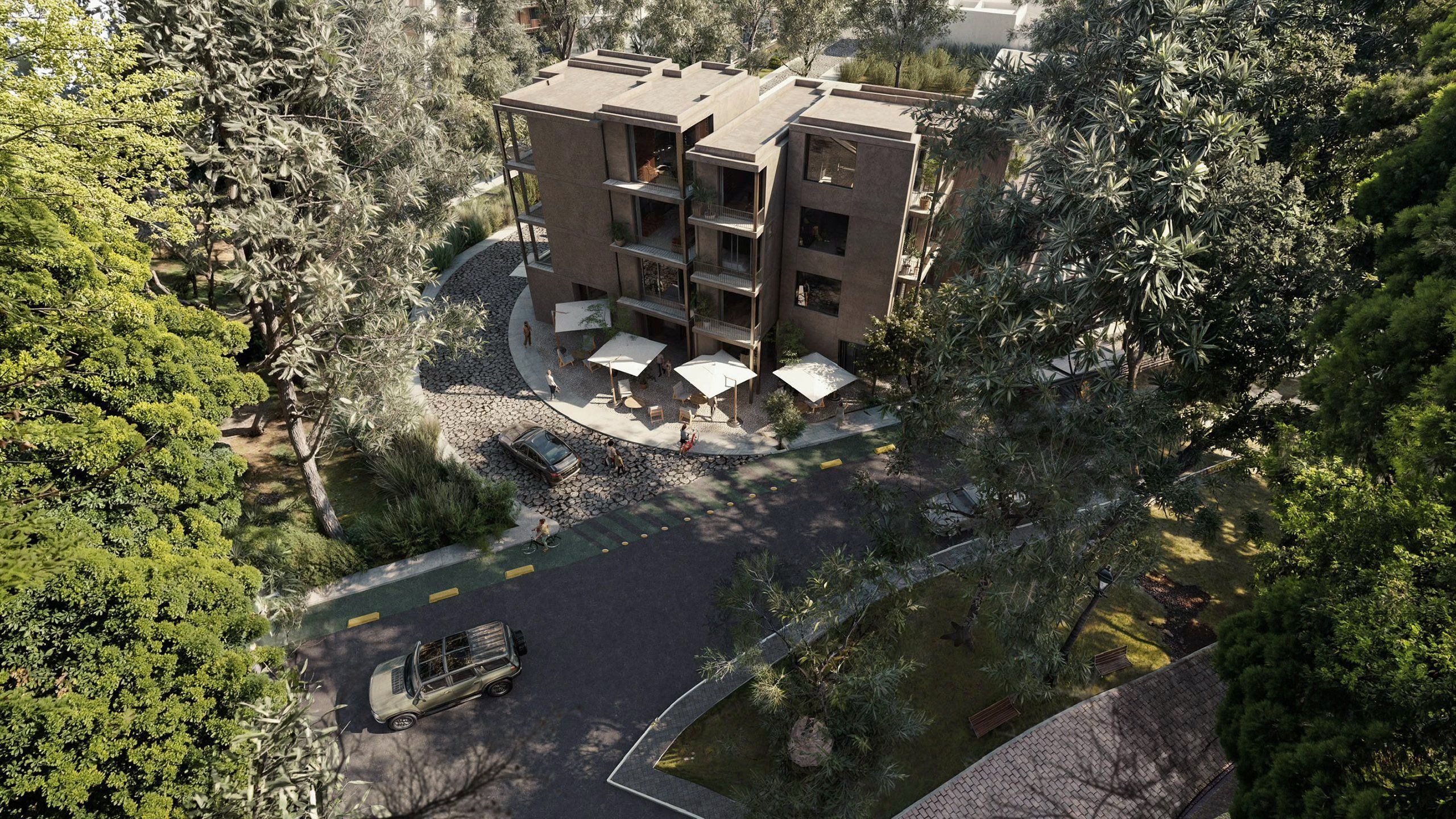 Render aéreo del edificio en la esquina