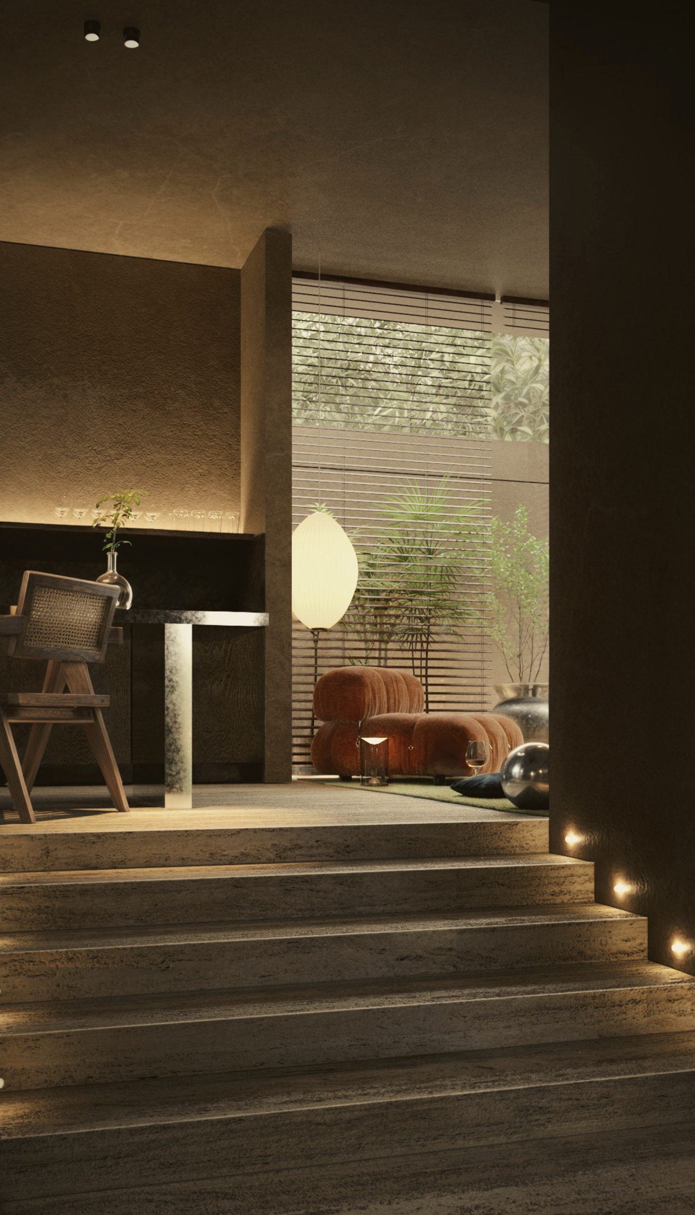 Render del acceso con escalones iluminados