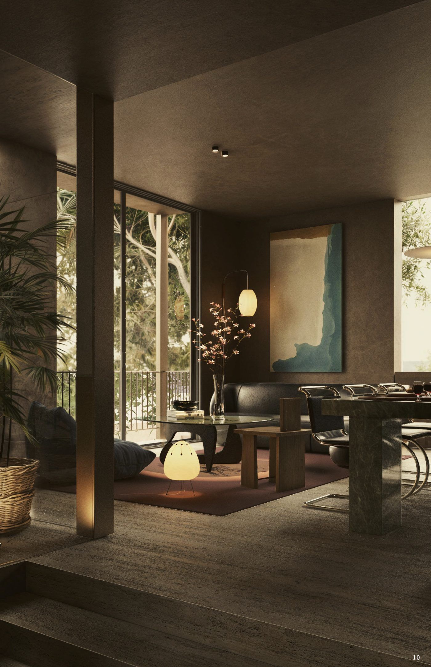 Render de la estancia con ventanal a los árboles