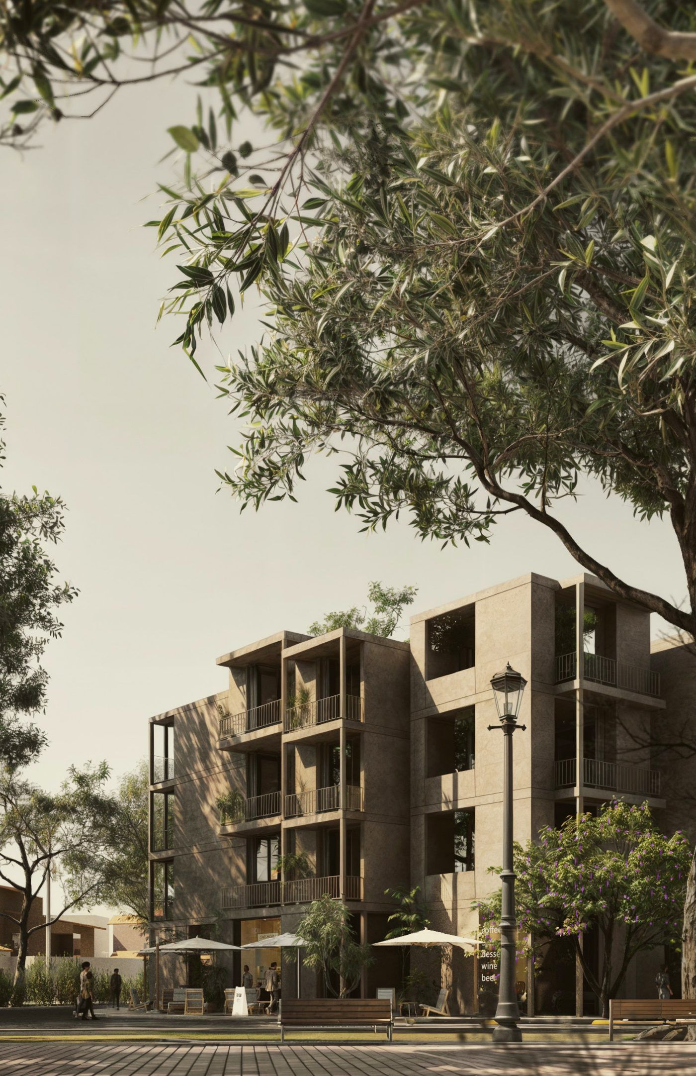 Render de la fachada entre árboles