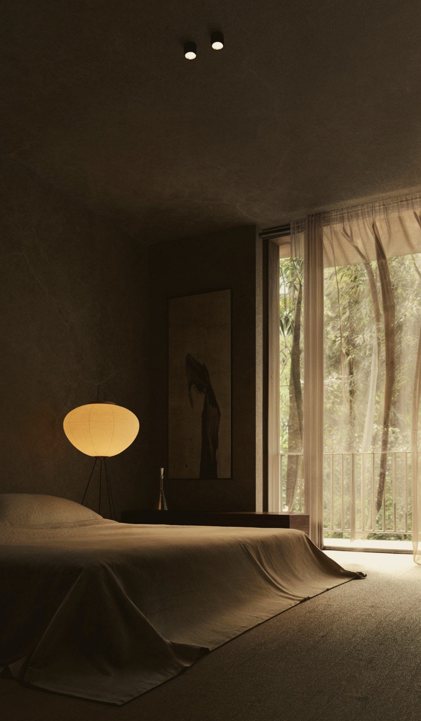 Render de recámara con luz de lámpara