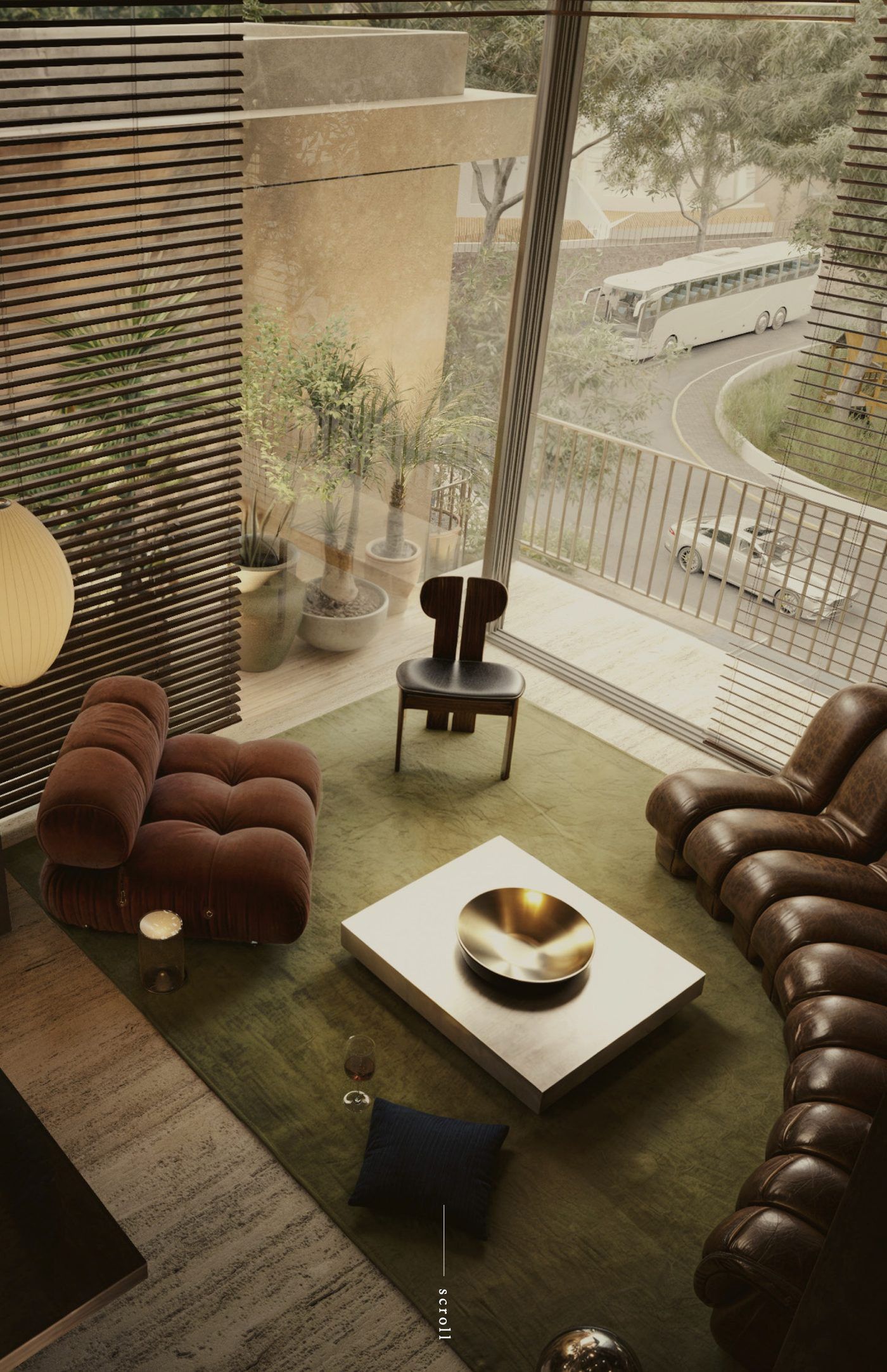 Render de la sala vista desde arriba, con ventanal a la calle