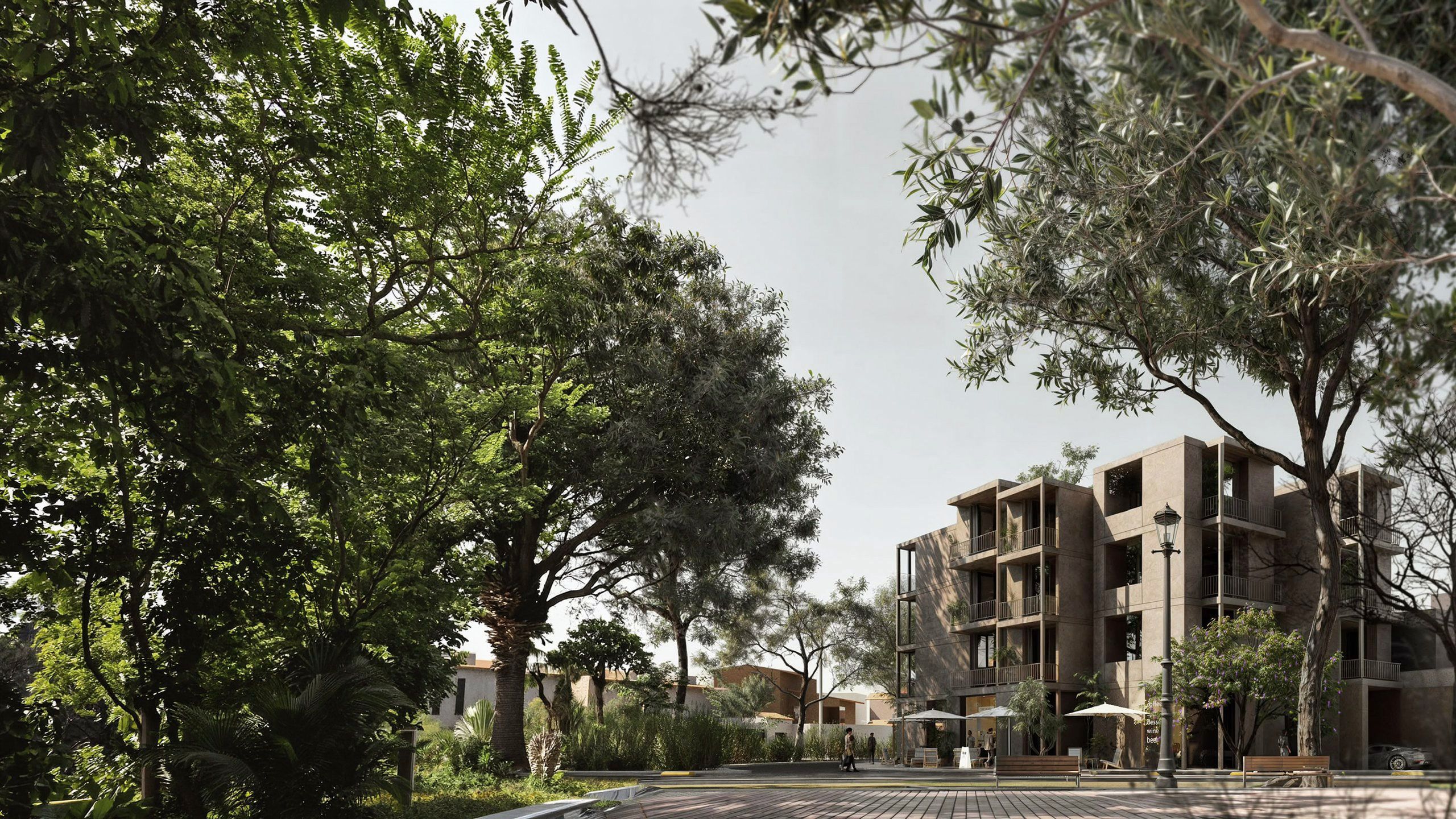 Render de Esquina Álamos desde Av. del Roble, entre árboles