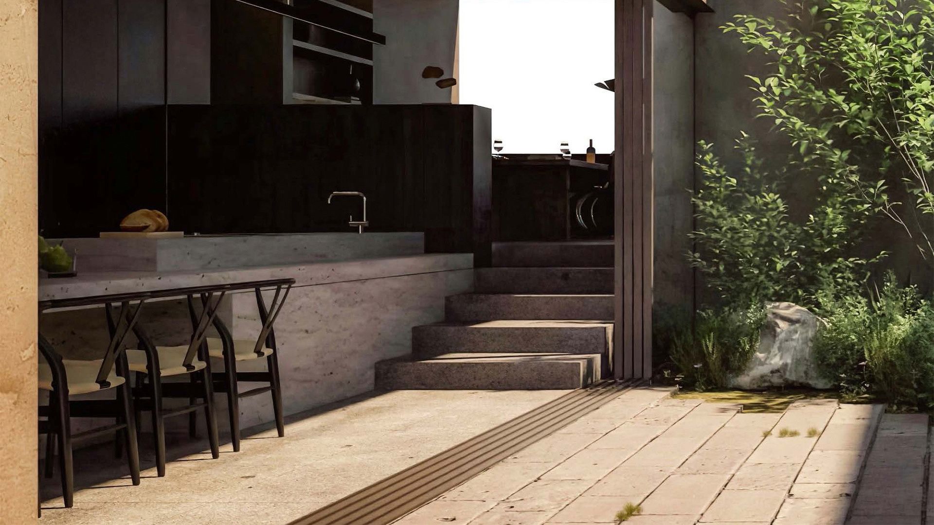 Render del patio de acceso