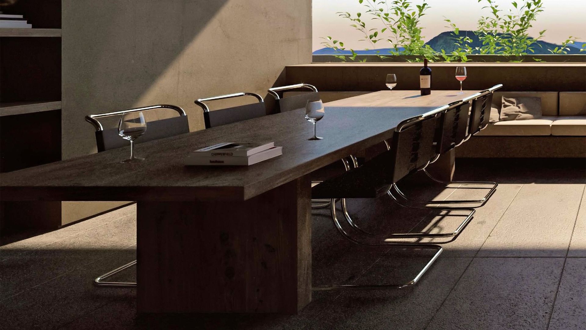 Render de comedor con vista