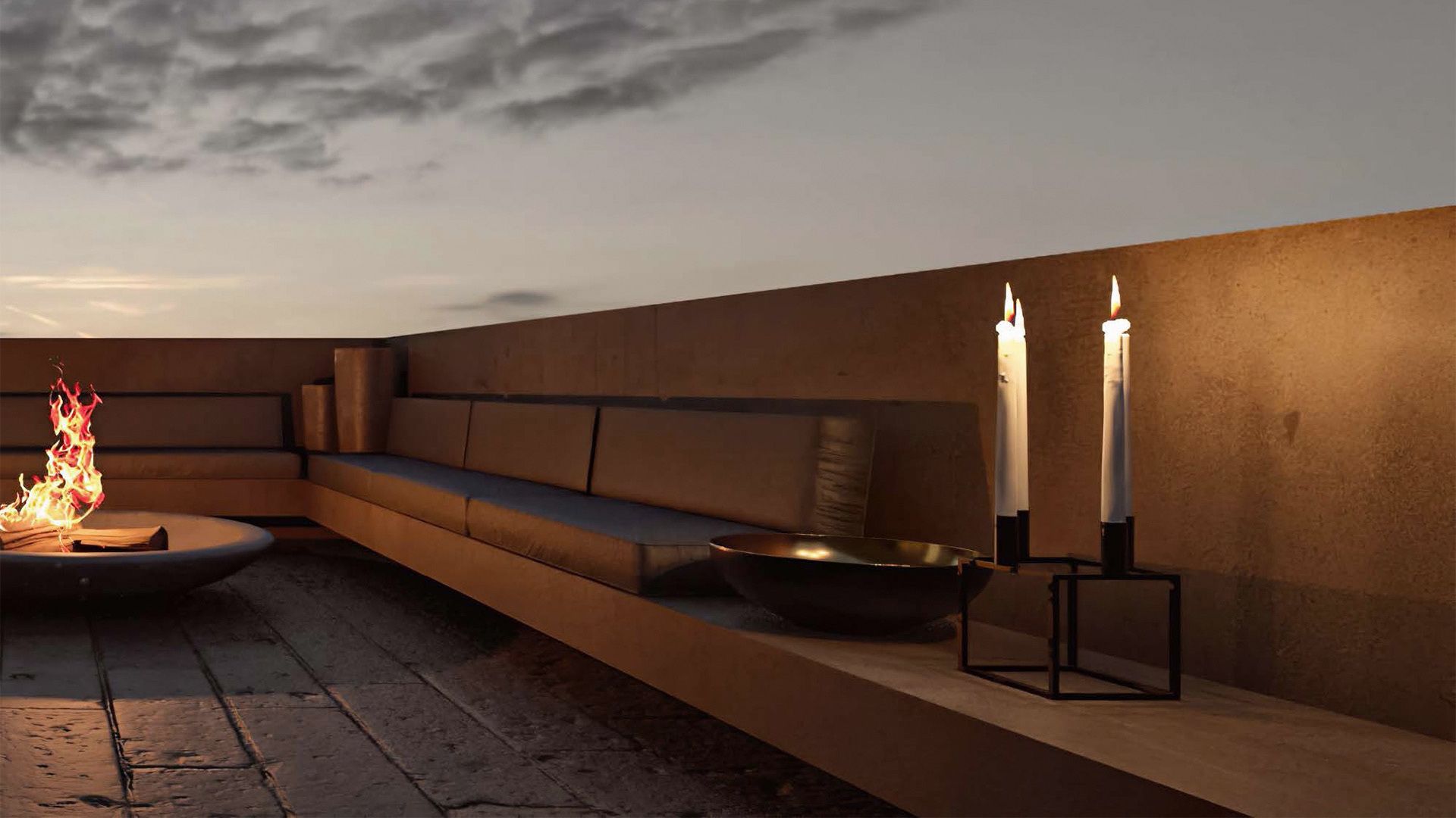 Render de terraza al atardecer