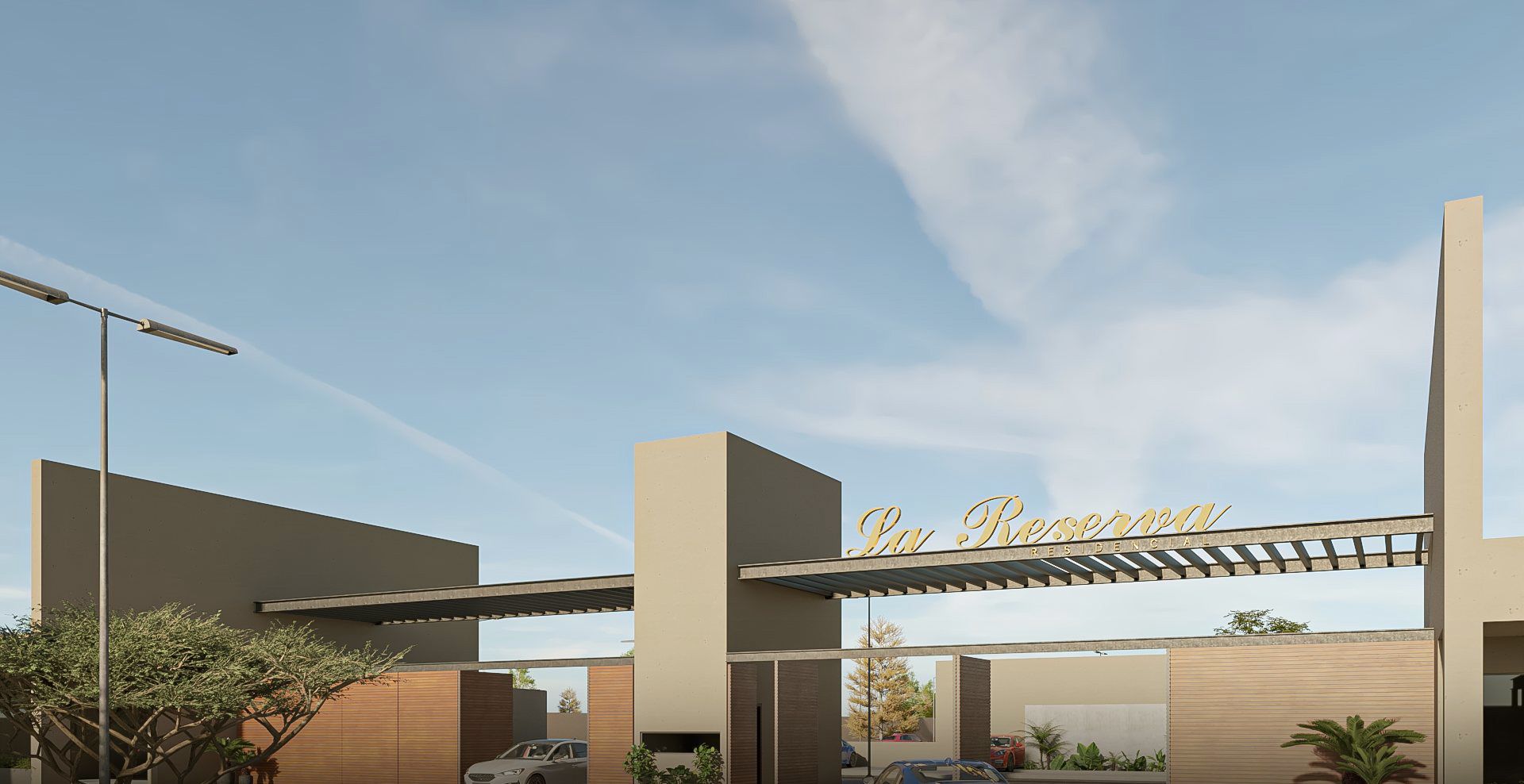 Render del acceso de día con el pórtico y el letrero
