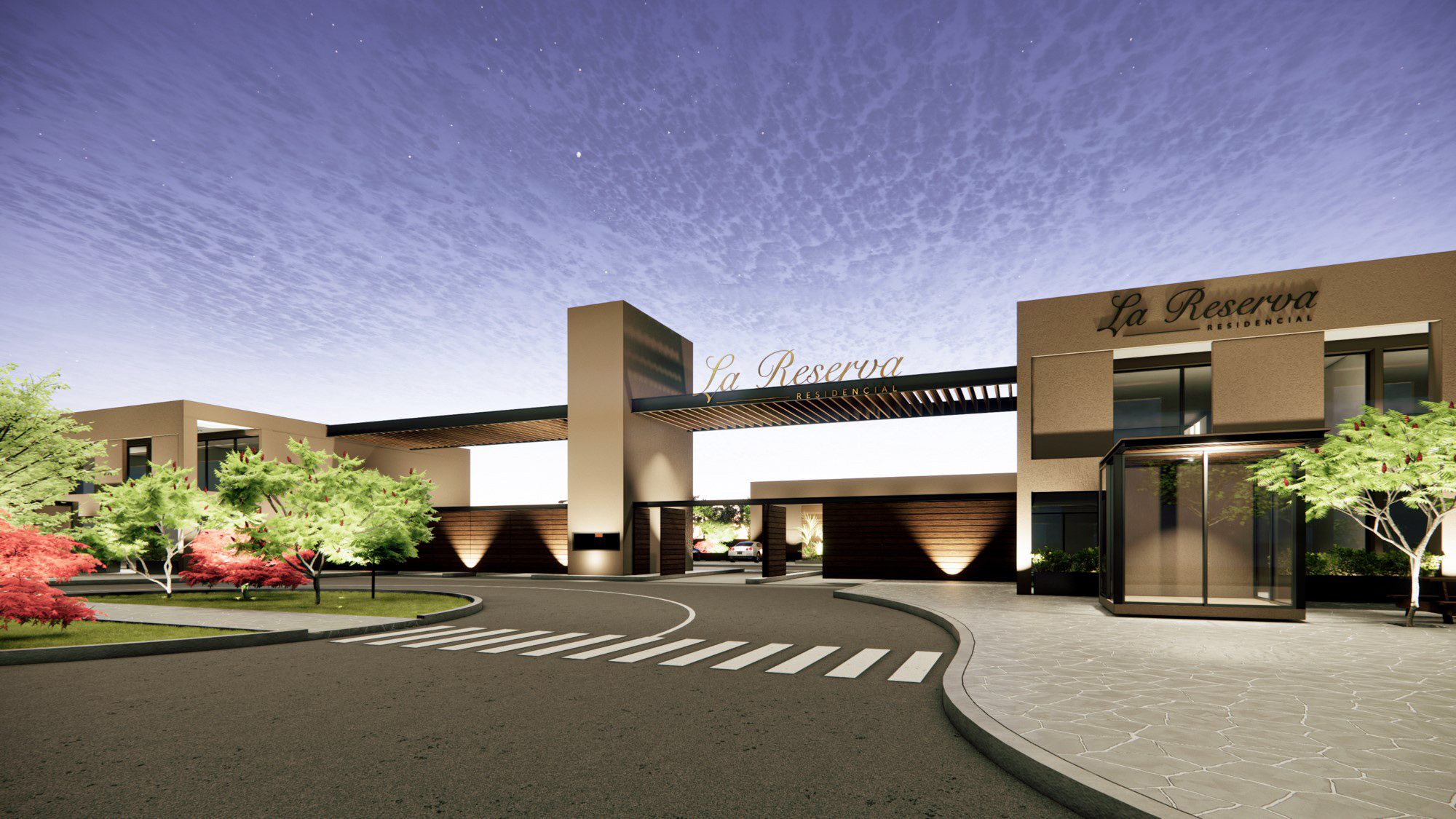 Render del acceso con el pórtico iluminado al anochecer