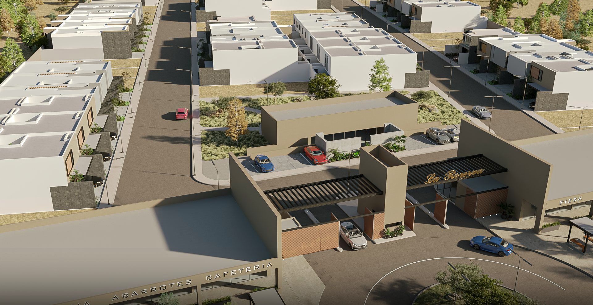 Render aéreo del acceso, los locales y las primeras casas del conjunto