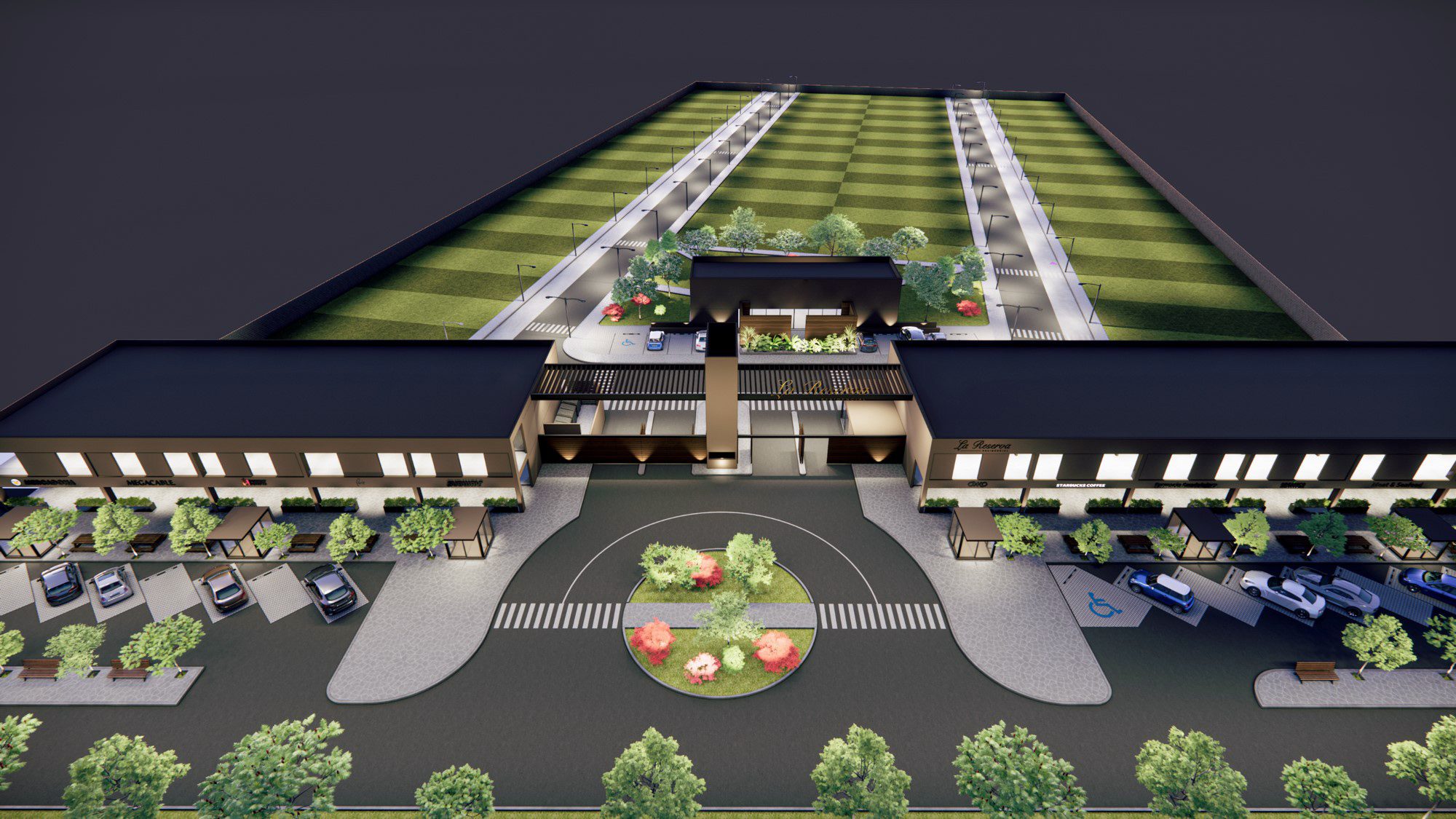 Render aéreo nocturno del acceso, los locales y las calles del conjunto