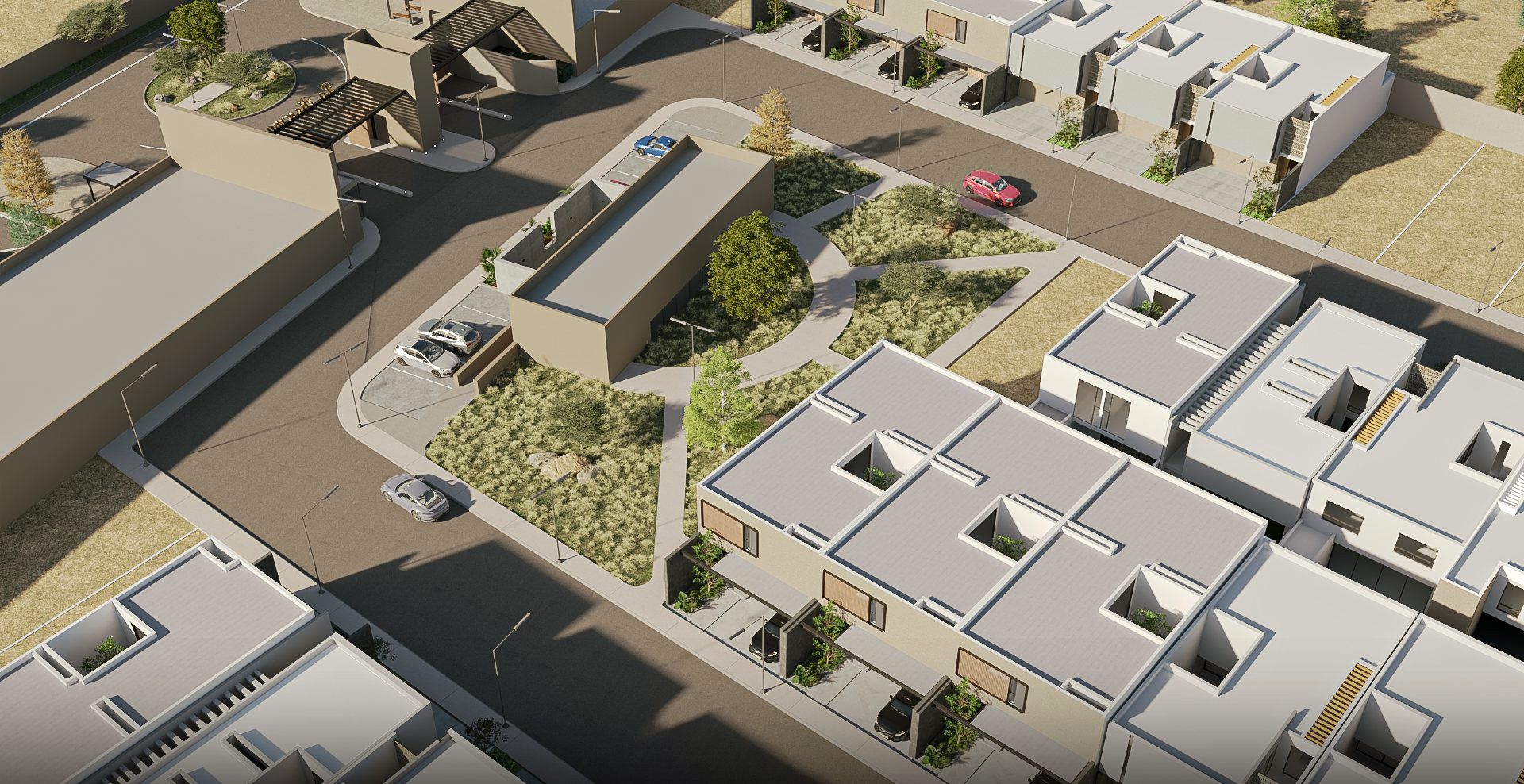 Render aéreo de La Reserva Residencial: el jardín central y las casas alrededor