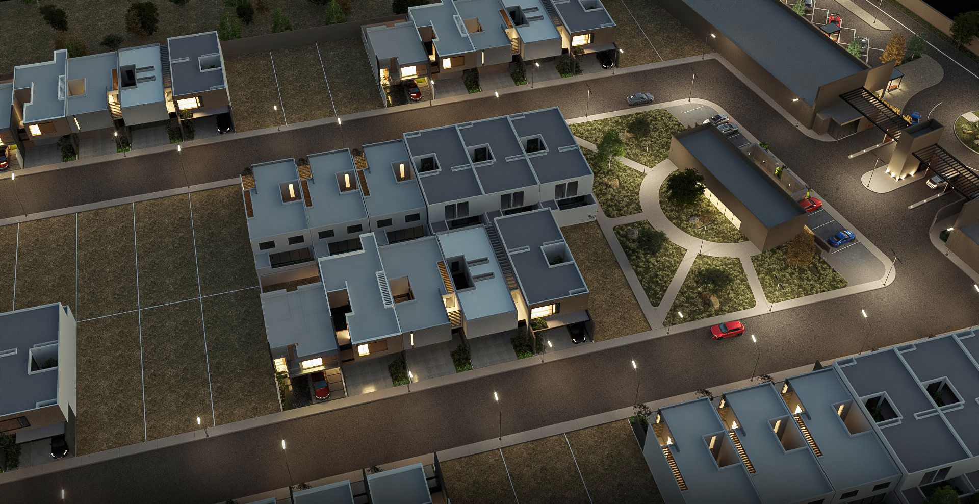 Render nocturno de las calles y el jardín vistos desde arriba