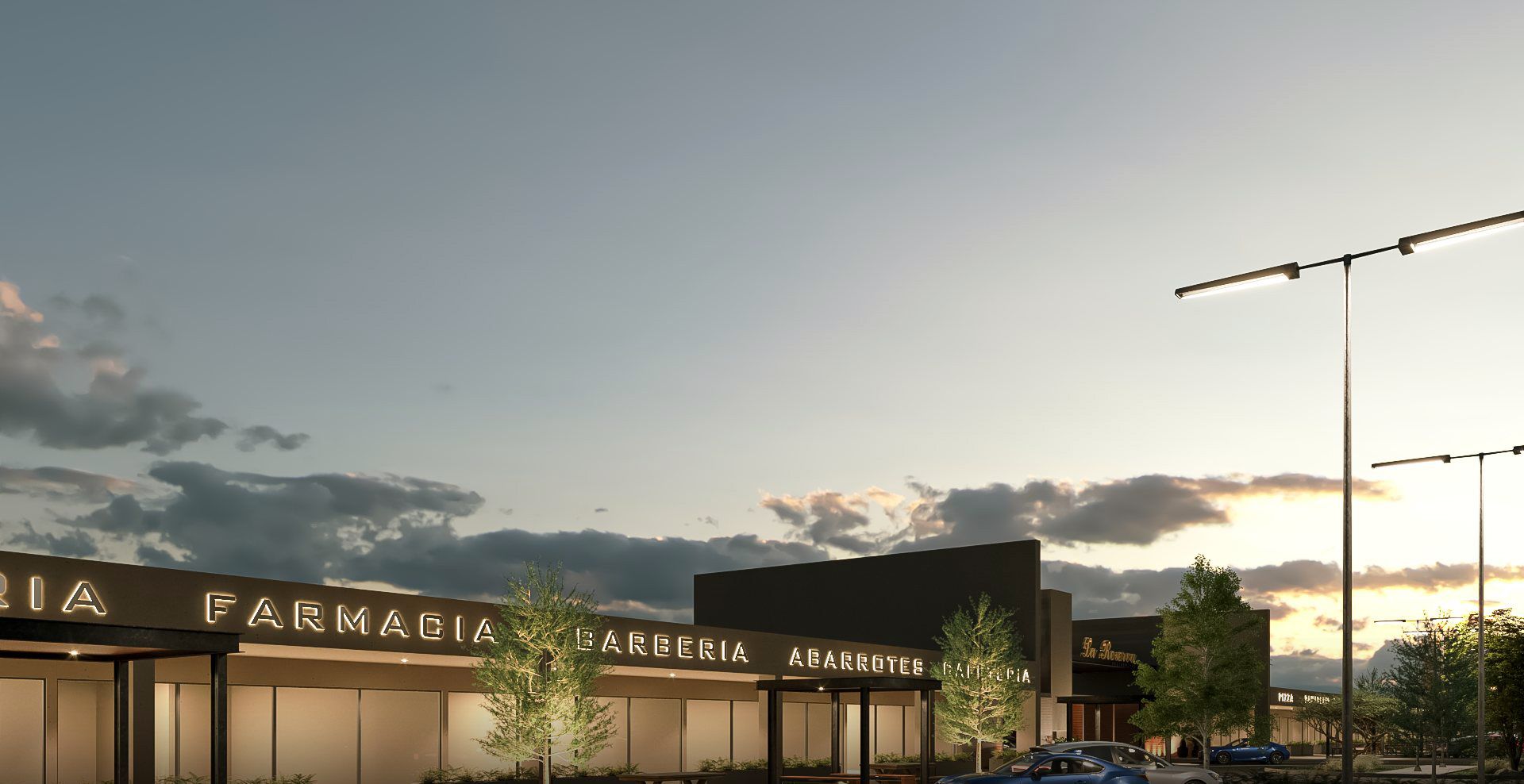Render de la franja de locales comerciales sobre el boulevard