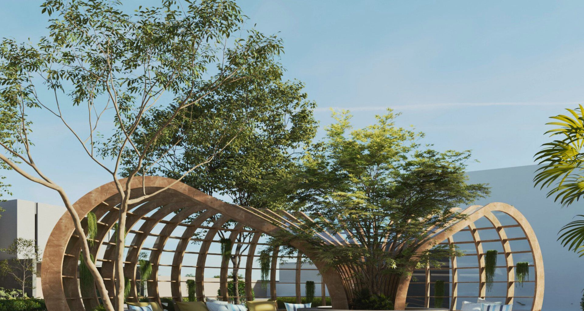 Render de la terraza del salón con arcos de madera y bancas circulares
