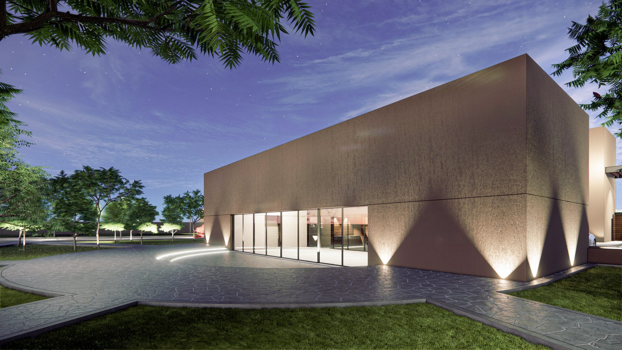Render del salón con su fachada iluminada de noche