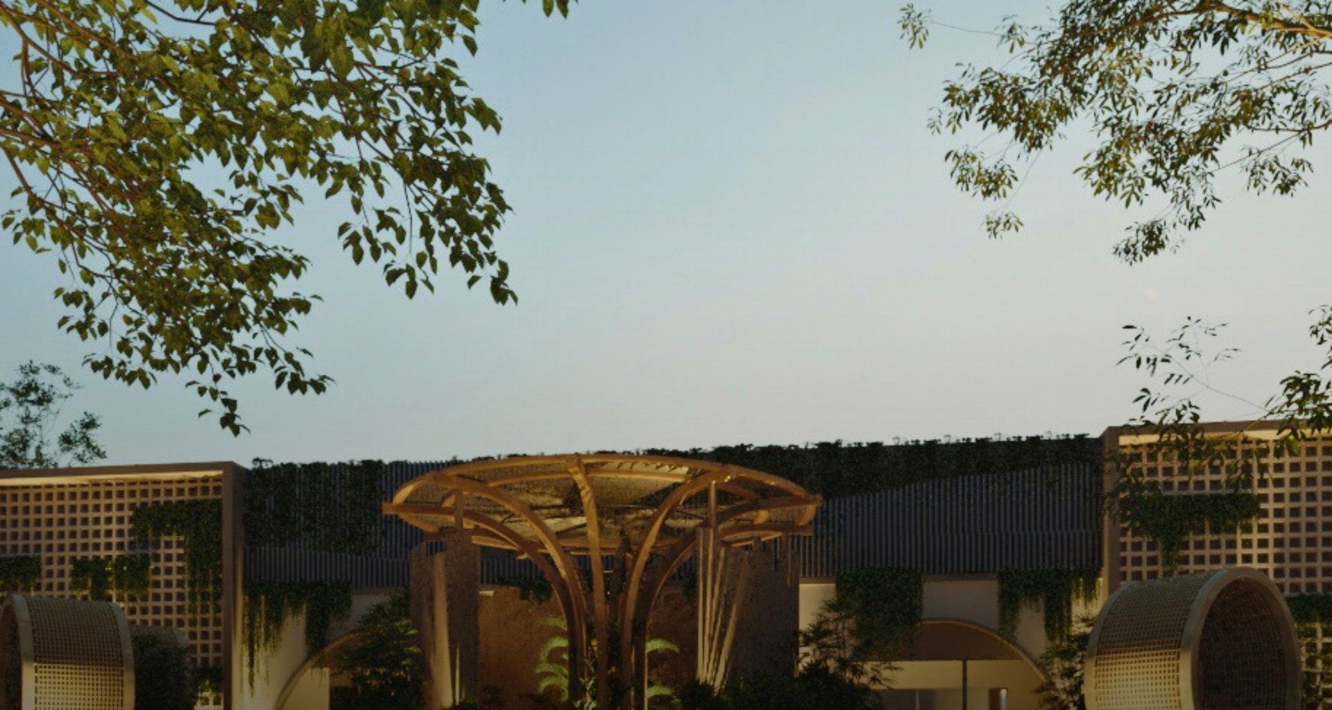 Render del pabellón de madera frente al salón