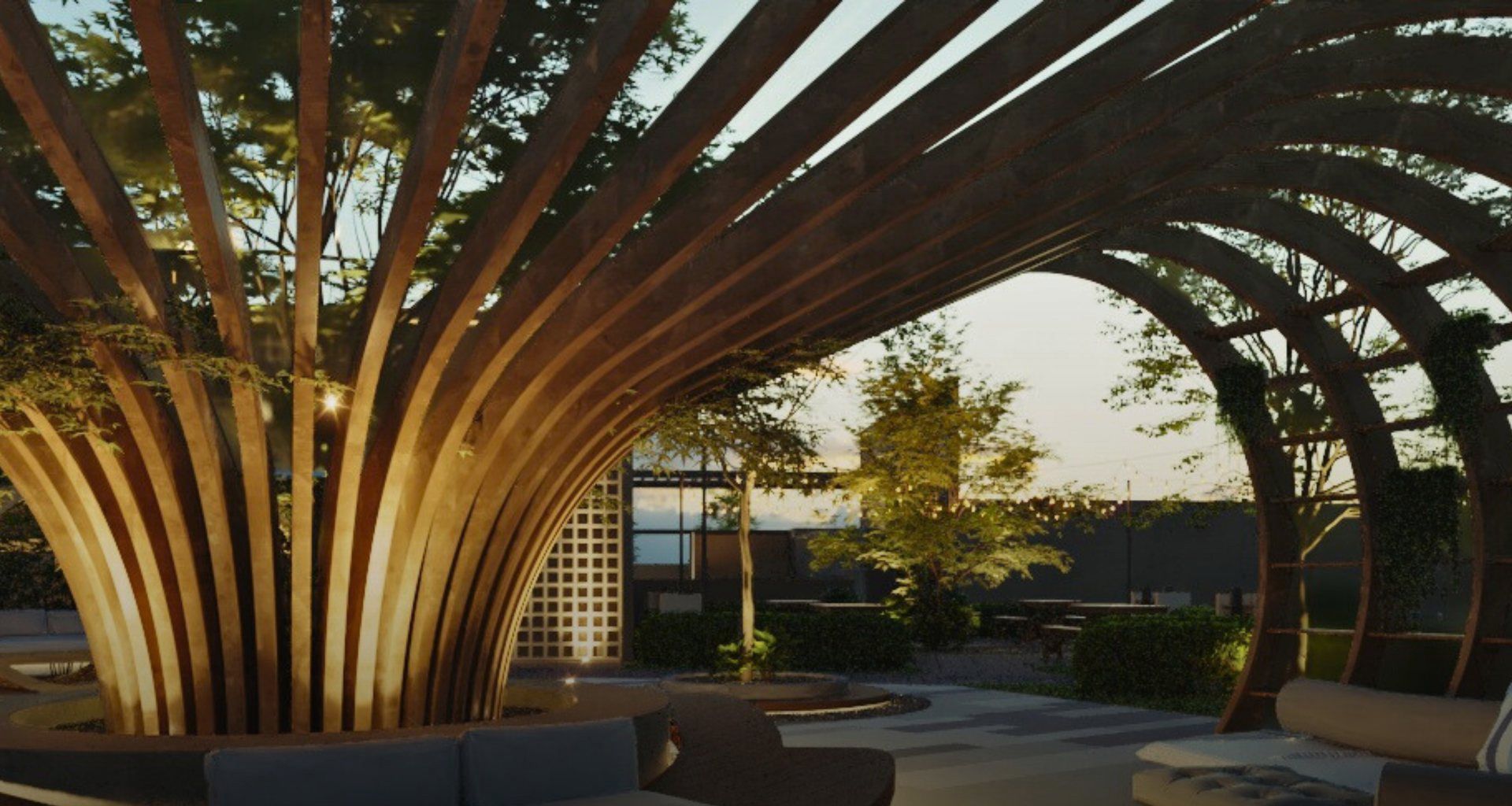 Render de la pérgola de madera en forma de árbol
