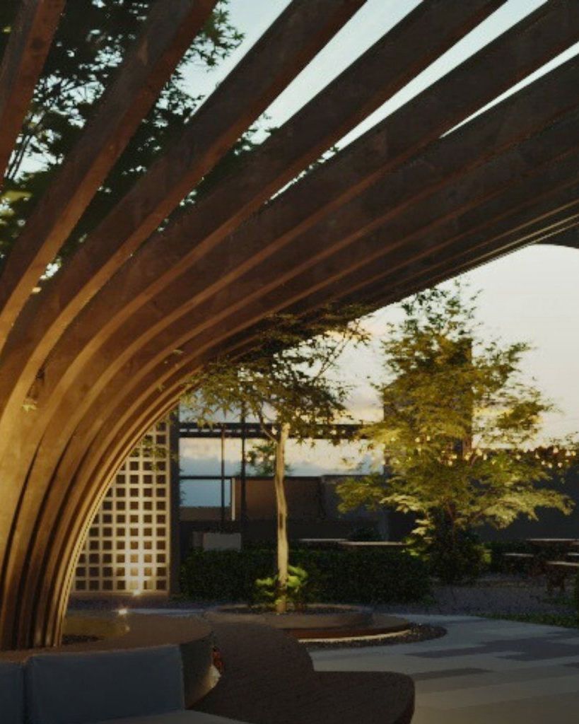 Render de la pérgola de madera de La Reserva al atardecer