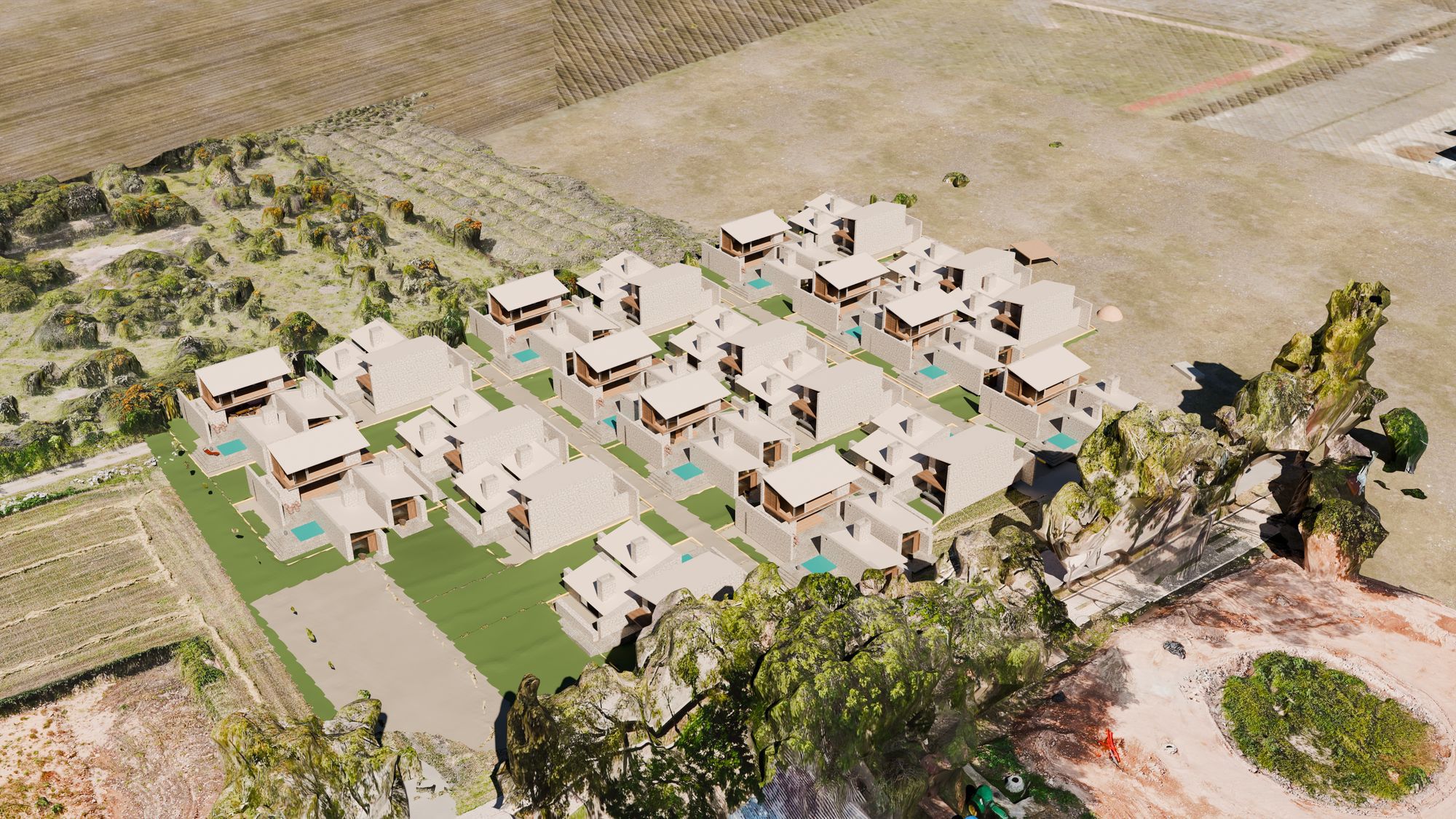 Render aéreo del acomodo de 21 villas agrupadas en patios