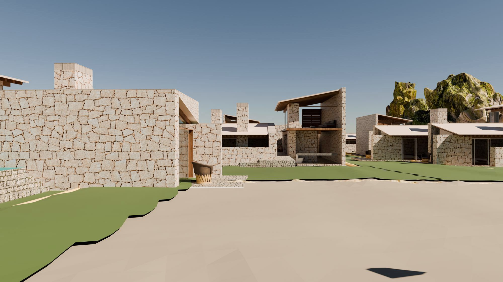 Render a la altura de los ojos: muros de piedra y villas de dos niveles
