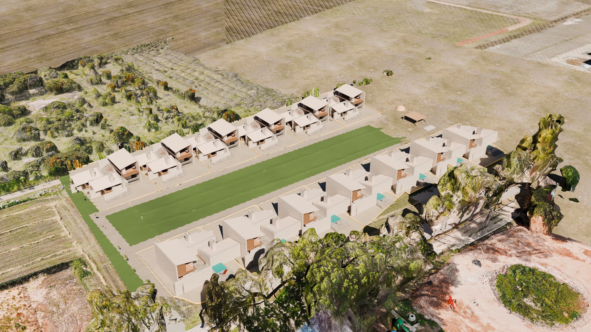 Render aéreo del acomodo de 13 lotes alrededor de un jardín central