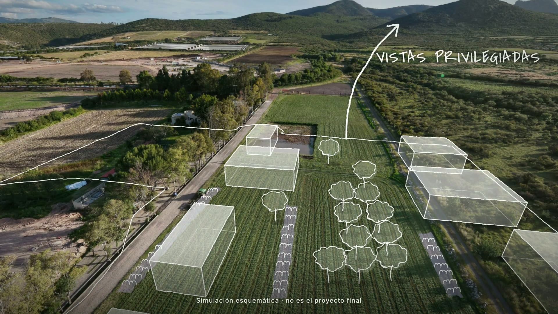 Boceto de volúmenes dibujado sobre la foto de dron