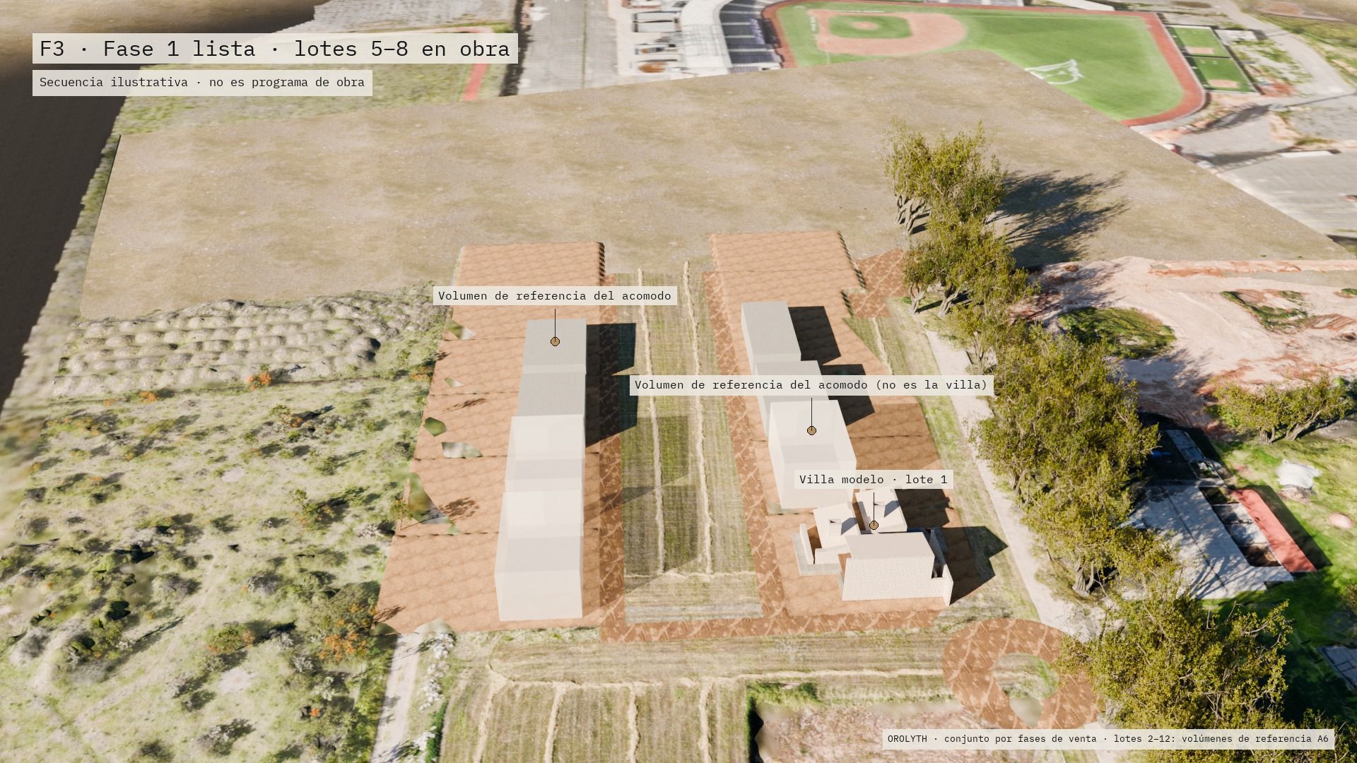 Modelo 3D con las primeras villas como volúmenes de referencia