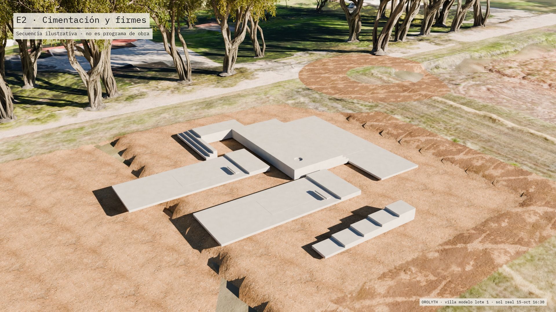 Modelo 3D de una villa en etapa de cimentación