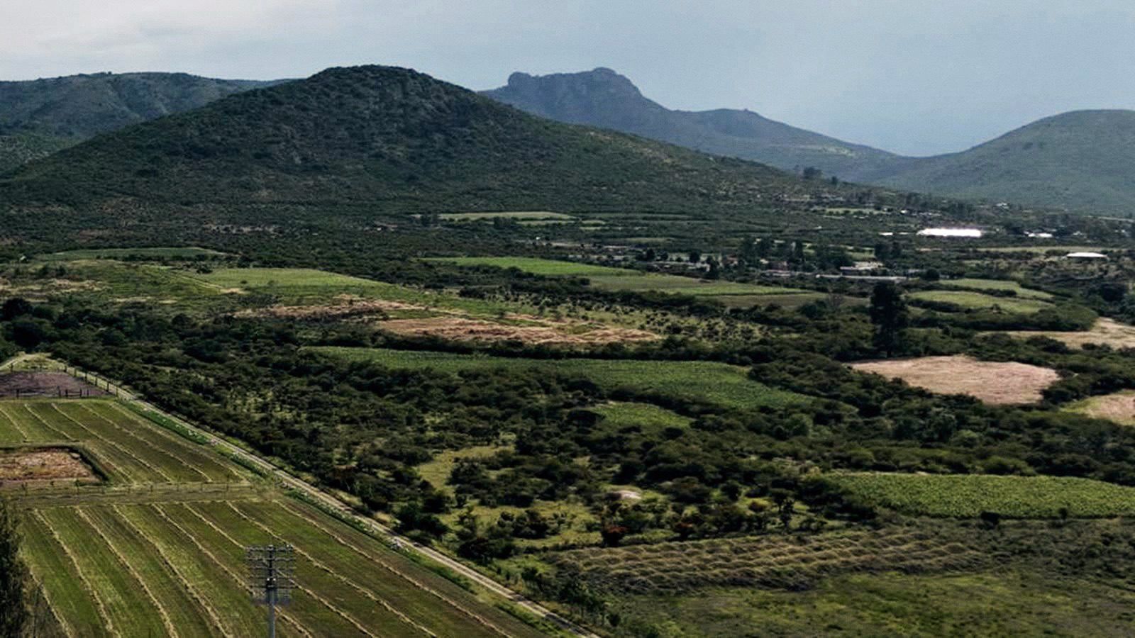 La sierra de Huimilpan vista desde el dron, con el campo en surcos al frente